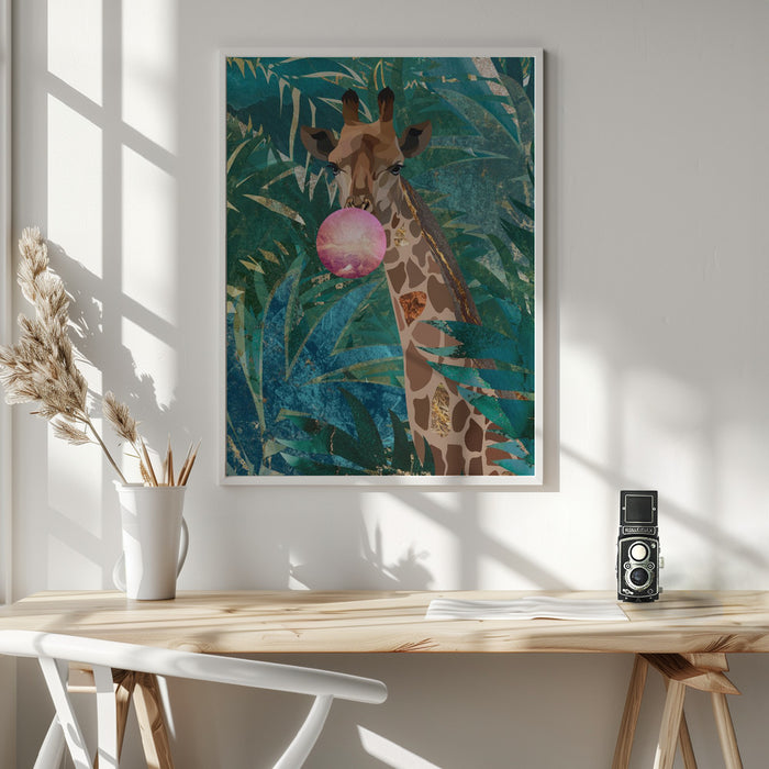 Bubblegum giraffe in the jungle Framed Art Modern Wall Decor