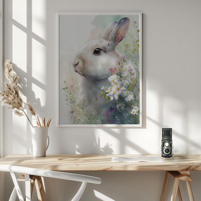 Rabbit and Flowers 1 Framed Art Modern Wall Decor