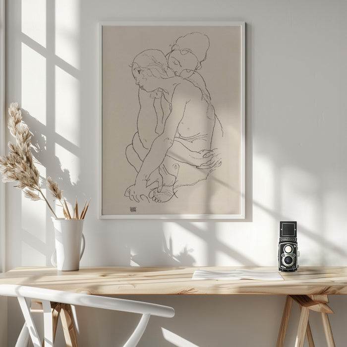 Woman and Girl Embracing 1918 Framed Art Modern Wall Decor