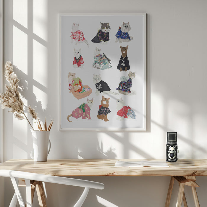 Cat In Kimono Framed Art Modern Wall Decor