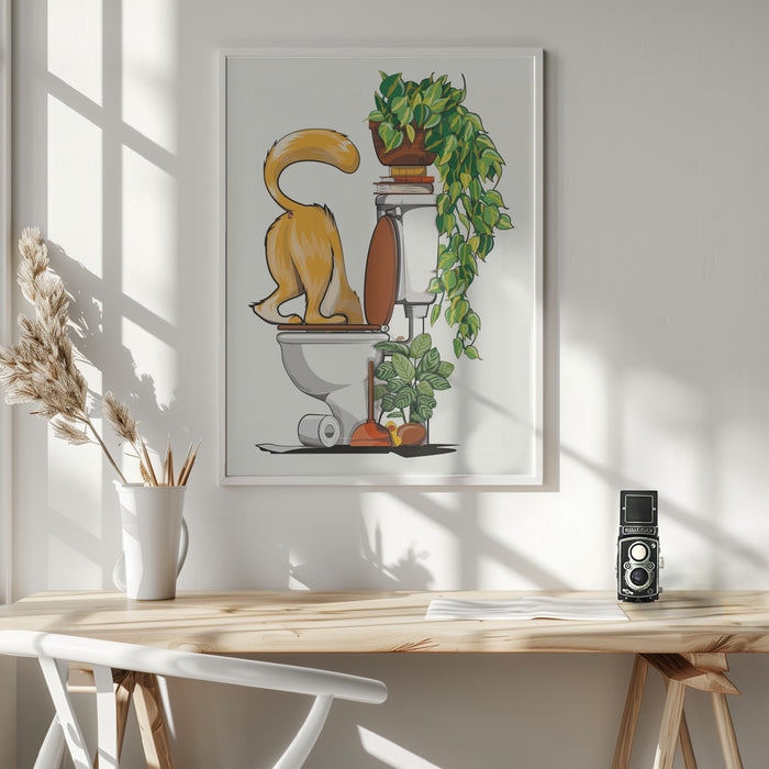 Cat Drinking From the Toilet Framed Art Modern Wall Decor