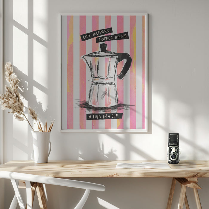 Mocca Coffee on Stripes - Hug in a Cup Framed Art Modern Wall Decor