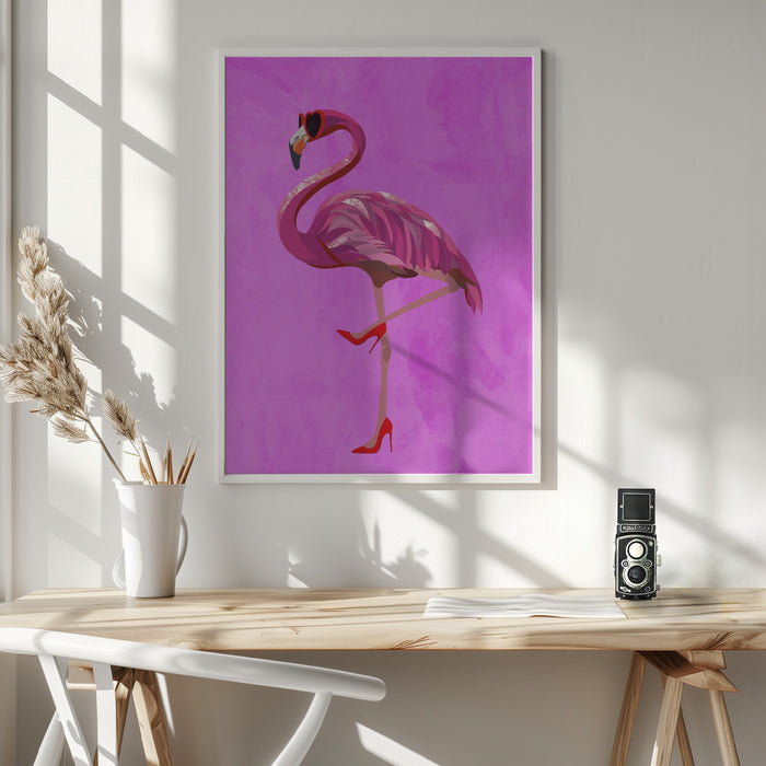 Flamingo in heels and heart glasses pink Framed Art Modern Wall Decor