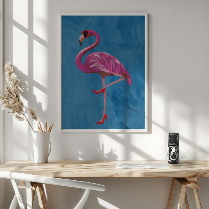 Flamingo in heels and heart glasses blue Framed Art Modern Wall Decor