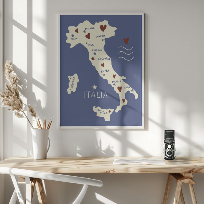 Italiy Map Framed Art Modern Wall Decor