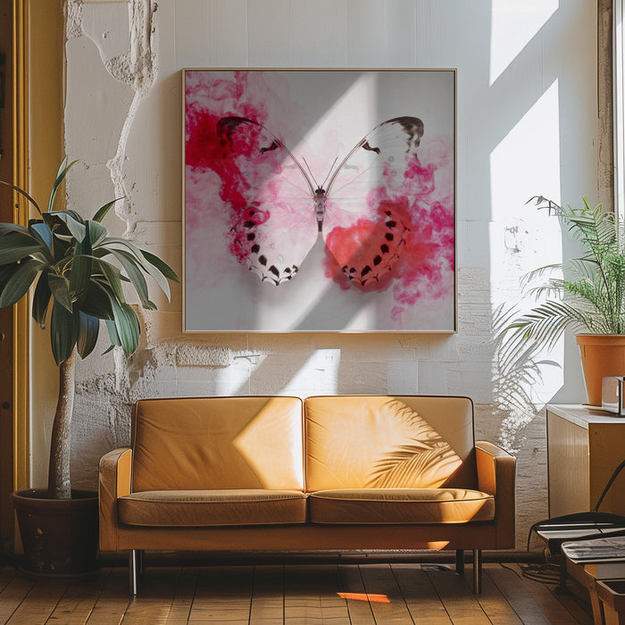 White Morpho Butterfly With Crimson Ink Square Canvas Art Print