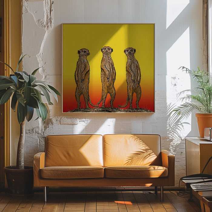 Meerkat Gang at Sunset Square Canvas Art Print