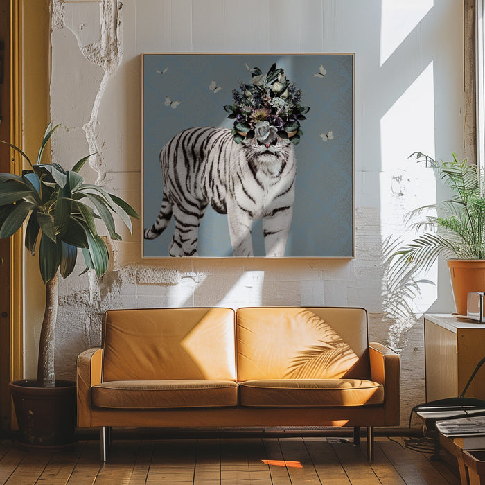 Spring Flower Bonnet On White Tiger Square Canvas Art Print