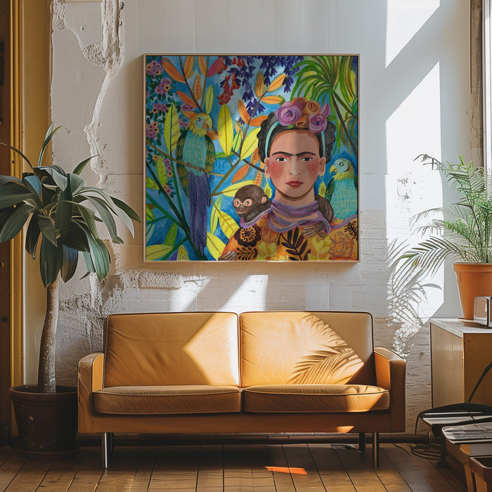 Frida and her parrots Square Canvas Art Print