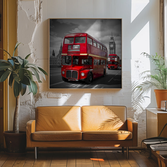 LONDON Red Buses on Westminster Bridge Square Canvas Art Print