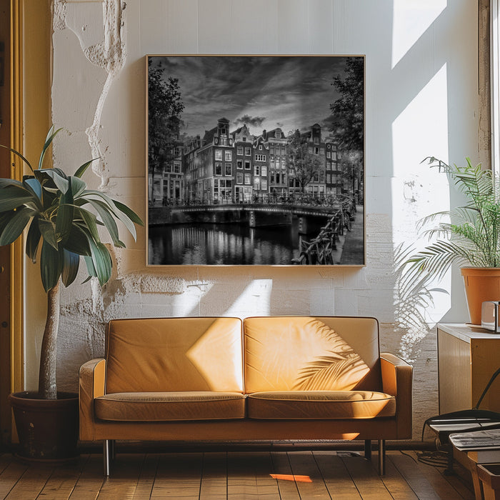 AMSTERDAM Idyllic impression from Singel - Monochrome Square Canvas Art Print