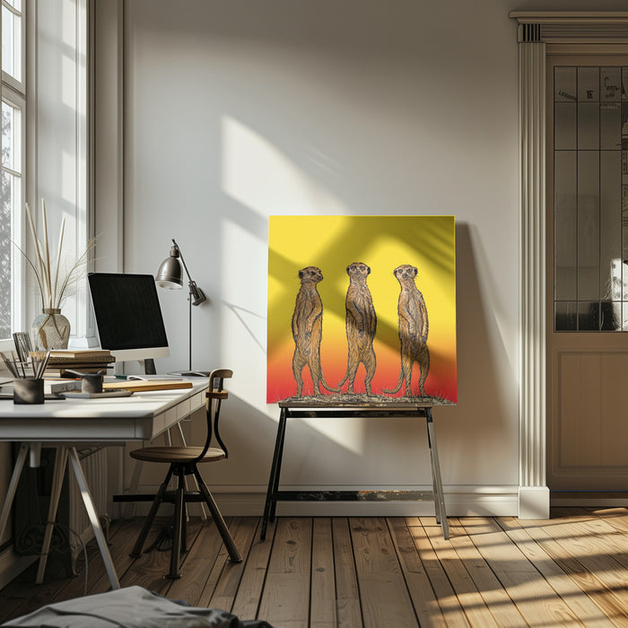 Meerkat Gang at Sunset Square Canvas Art Print