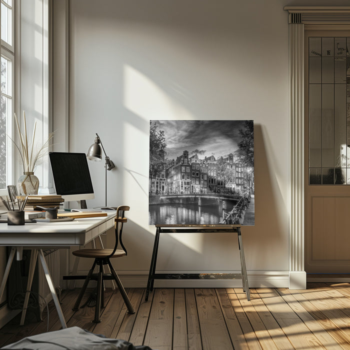 AMSTERDAM Idyllic impression from Singel - Monochrome Square Canvas Art Print