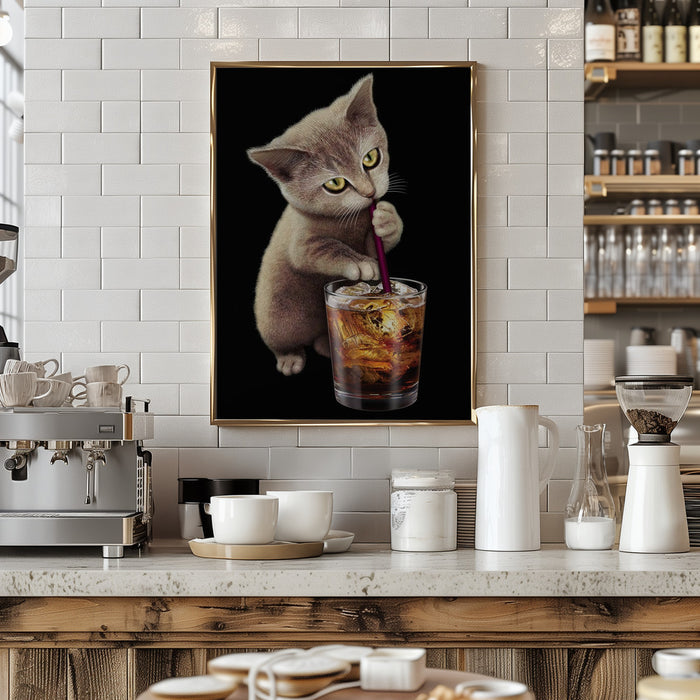 cat and soft drink Framed Art Modern Wall Decor