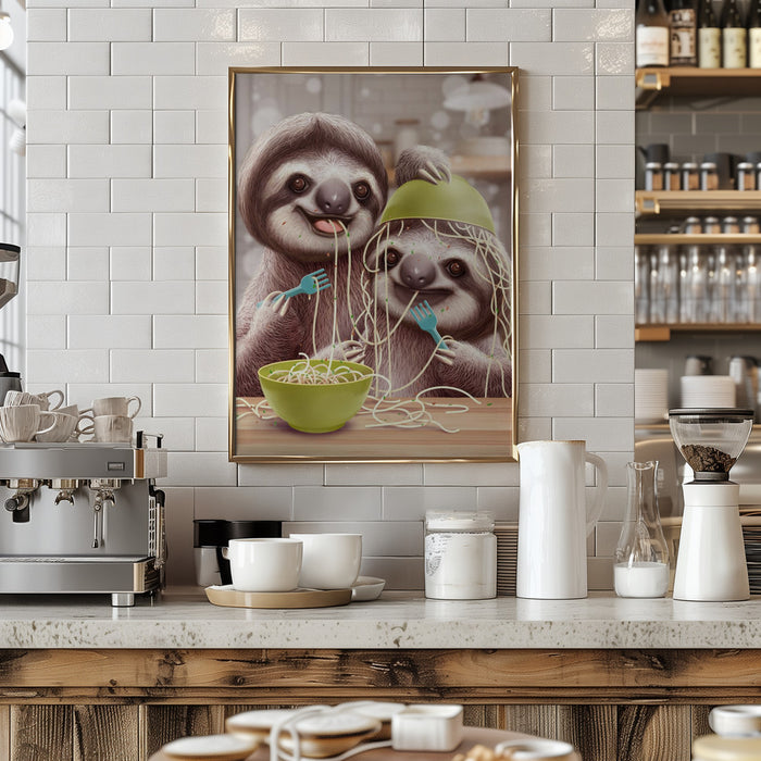 YOUNG SLOTH EATING SPAGETTI Framed Art Modern Wall Decor