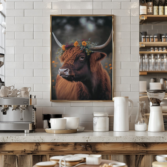 Highland Cow With Flowers Framed Art Modern Wall Decor