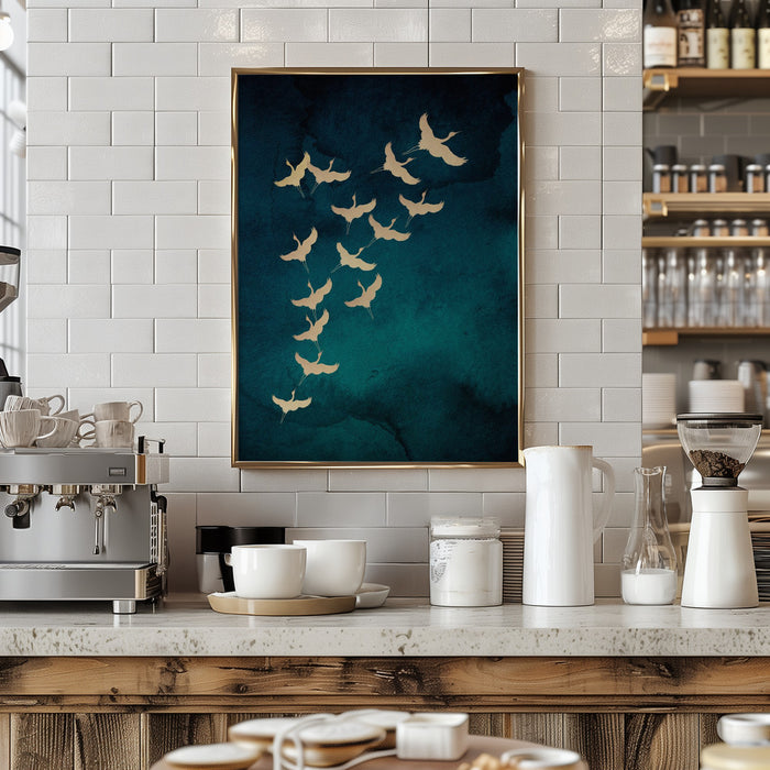 Teal Flying Cranes Framed Art Wall Decor