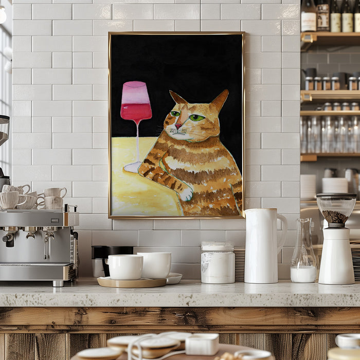 Cat Friday Night Drinks Wine Funny Cat Humour Framed Art Modern Wall Decor