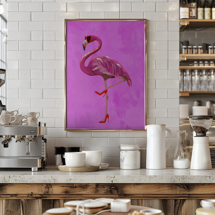 Flamingo in heels and heart glasses pink Framed Art Modern Wall Decor