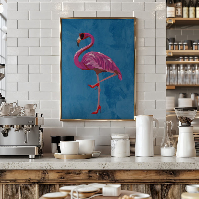 Flamingo in heels and heart glasses blue Framed Art Modern Wall Decor