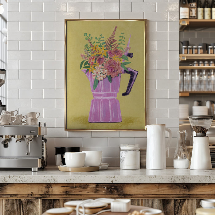Espresso Maker with Flowers Framed Art Modern Wall Decor