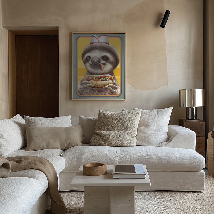 SLOTH SELLING HOTDOGS Framed Art Modern Wall Decor