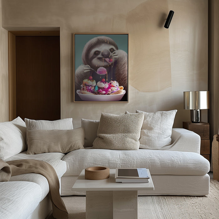 SLOTH ENJOYING ICE CREAM Framed Art Modern Wall Decor