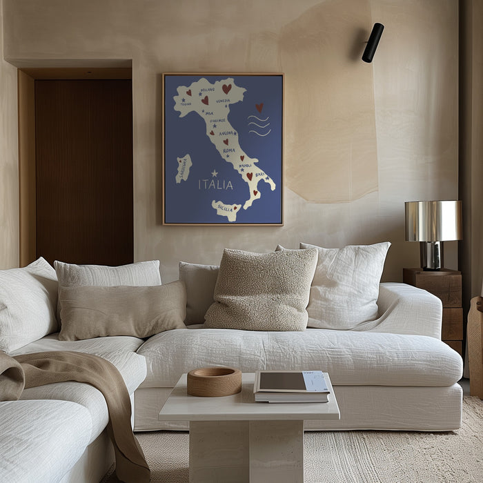 Italiy Map Framed Art Modern Wall Decor