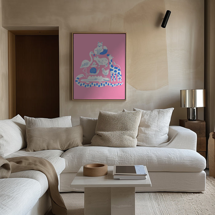 Pink Animal Collage Framed Art Modern Wall Decor