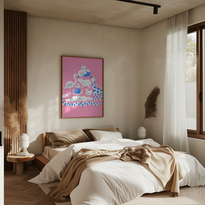 Pink Animal Collage Framed Art Modern Wall Decor