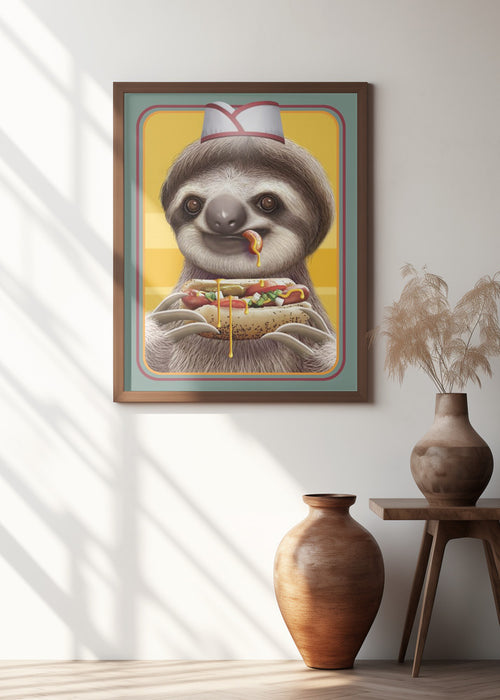 SLOTH SELLING HOTDOGS Framed Art Modern Wall Decor