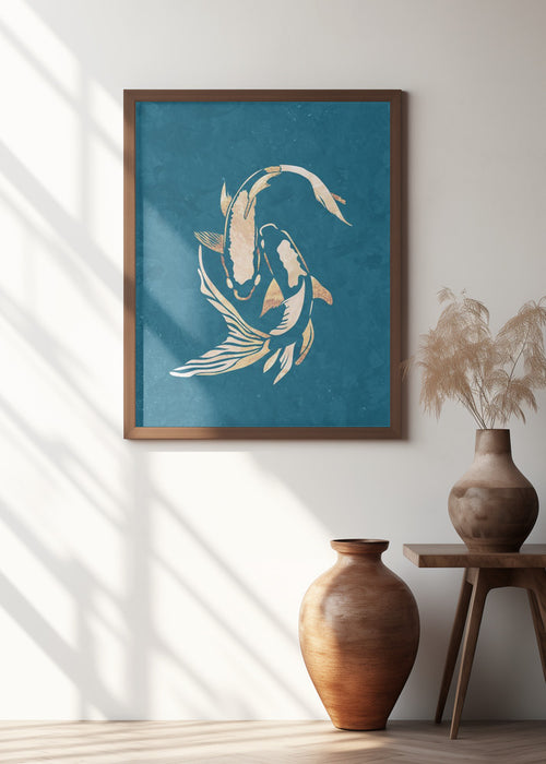 Gold Blue Koi Fish Framed Art Modern Wall Decor