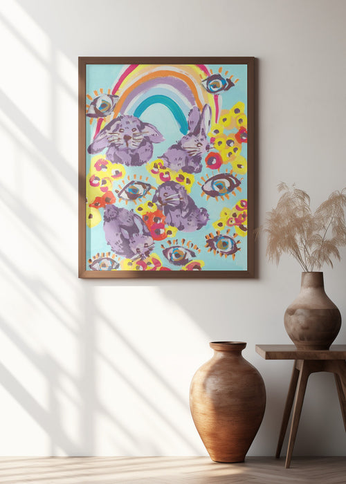 Violet Bunnies Having Fun Framed Art Modern Wall Decor