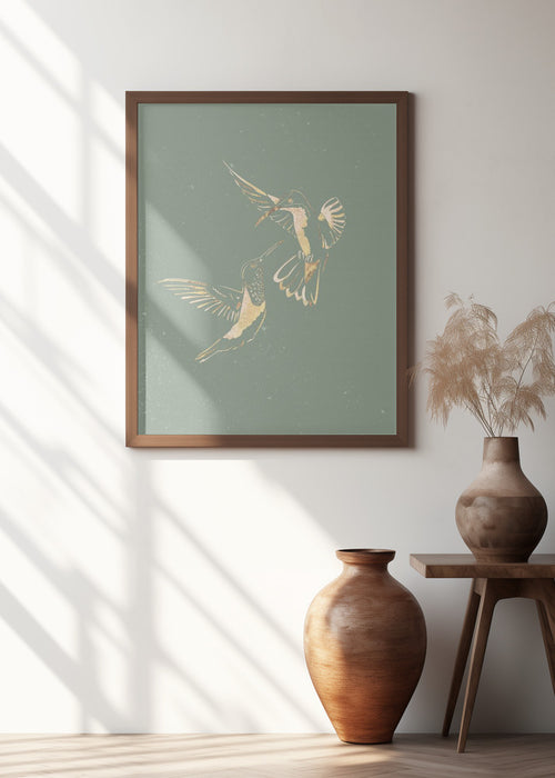 Sage Green Gold Hummingbirds Framed Art Modern Wall Decor