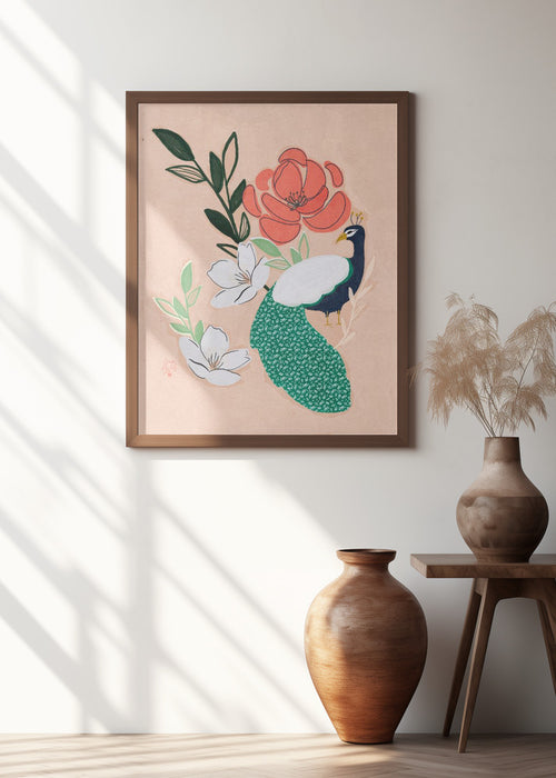 Peacock and Florals Erum Khalili Framed Art Modern Wall Decor