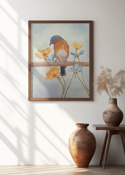 Flower Peeping Eastern Bluebird Framed Art Modern Wall Decor