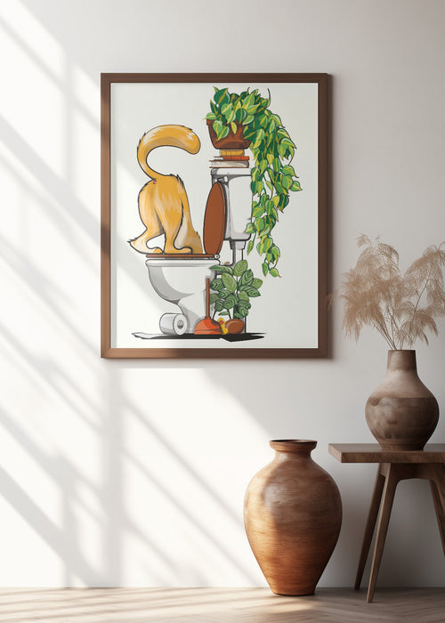 Cat Drinking From the Toilet Framed Art Modern Wall Decor