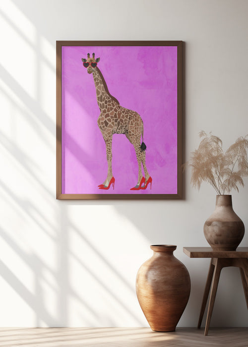 Giraffe wearing heels and heart glasses pink Framed Art Modern Wall Decor