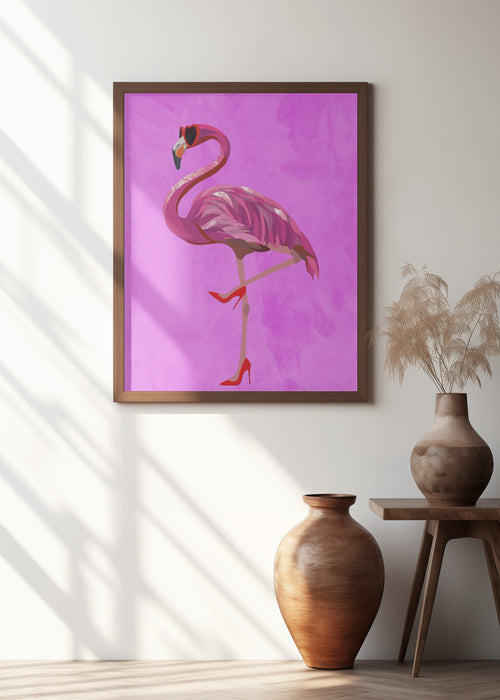 Flamingo in heels and heart glasses pink Framed Art Modern Wall Decor