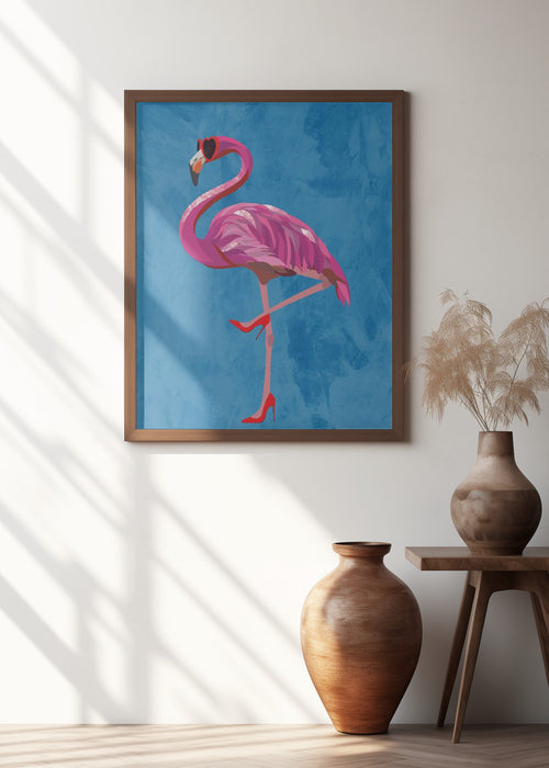 Flamingo in heels and heart glasses blue Framed Art Modern Wall Decor