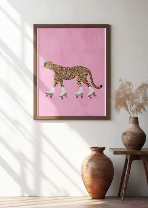 Cheetah rollerskating Framed Art Wall Decor