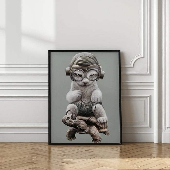 CAT RIDING TORTOISE Framed Art Modern Wall Decor