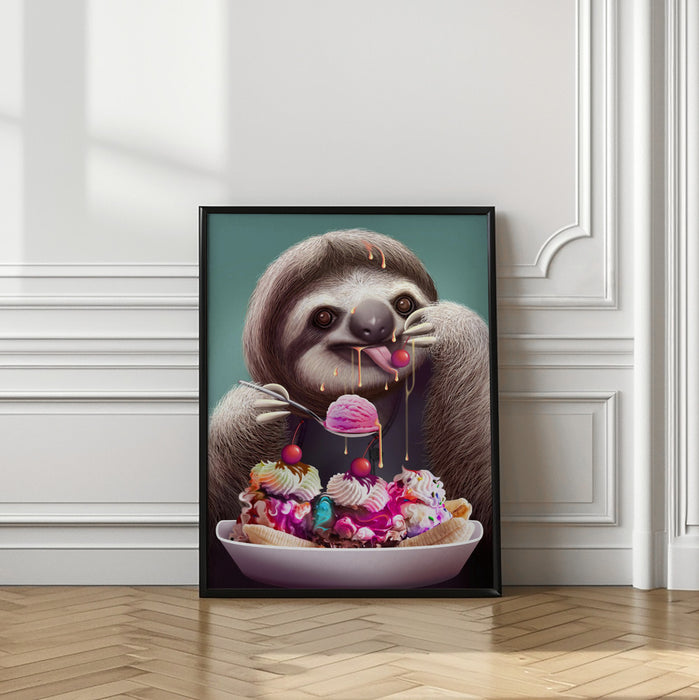 SLOTH ENJOYING ICE CREAM Framed Art Modern Wall Decor