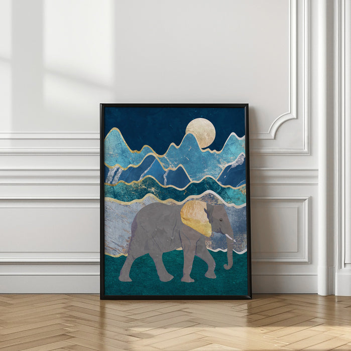 Metallic Elephant in the Moonlit Mountains Framed Art Modern Wall Decor