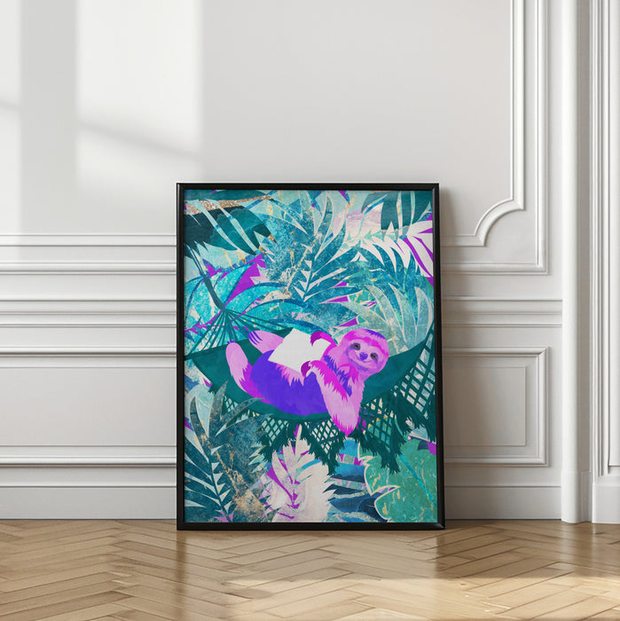 Pink and Green Neon Sloth in Hammock Framed Art Modern Wall Decor