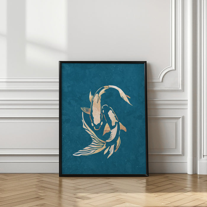 Gold Blue Koi Fish Framed Art Modern Wall Decor