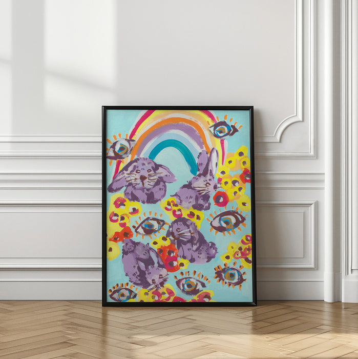 Violet Bunnies Having Fun Framed Art Modern Wall Decor