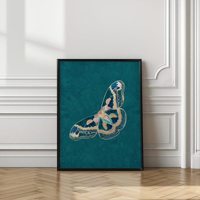 Turquoise Gold Moth Butterfly Framed Art Modern Wall Decor