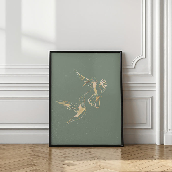 Sage Green Gold Hummingbirds Framed Art Modern Wall Decor