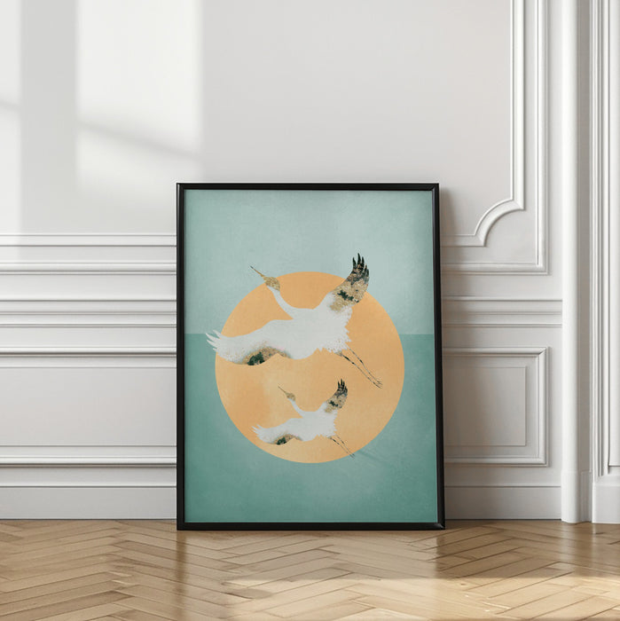 Mint Green Sun &amp; Cranes Framed Art Wall Decor